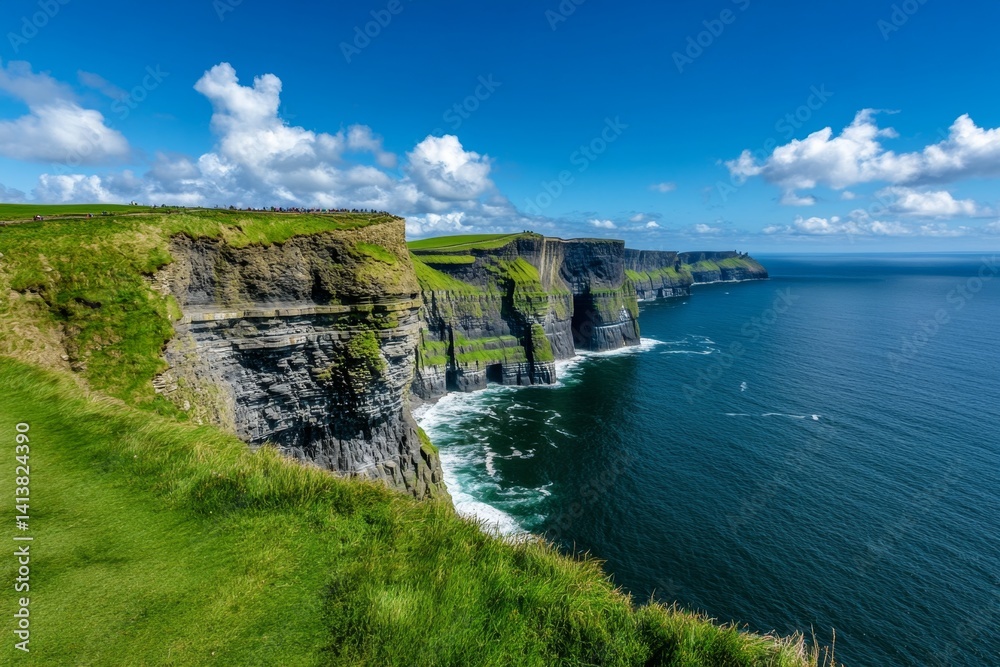 A dramatic view of the Cliffs of Moher in Ireland, with waves crashing against the rocky shore A dramatic view of the Cliffs of Moher in Ireland, with waves crashing against the rocky shore