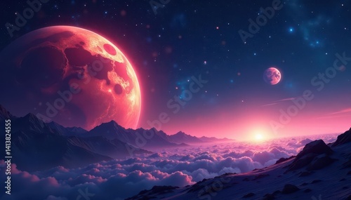 Distant planets, star clusters, ethereal glow, galaxy, dark
