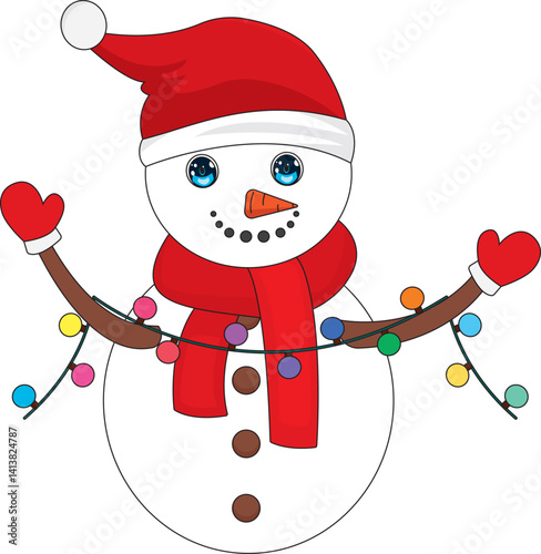 Snowman With Hat And Gloves Holding Colorful Lights Christmas Vector