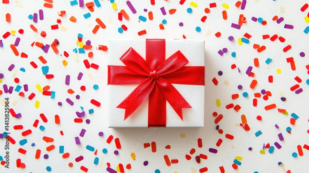 White gift box with red ribbon, surrounded by colorful confetti White gift box with red ribbon, surrounded by colorful confetti