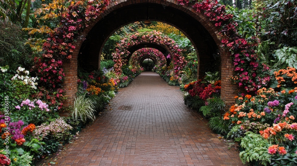 Fototapeta premium Picturesque garden pathway autumn colors lush foliage archway nature landscape