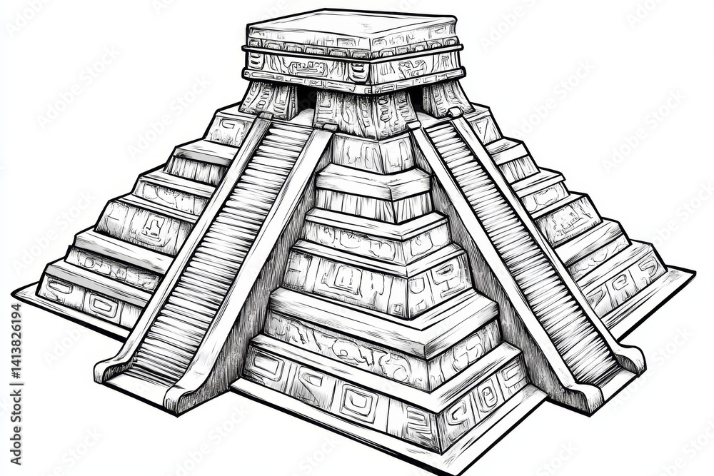 A geometric illustration of a Mayan pyramid, designed with clean, modern lines