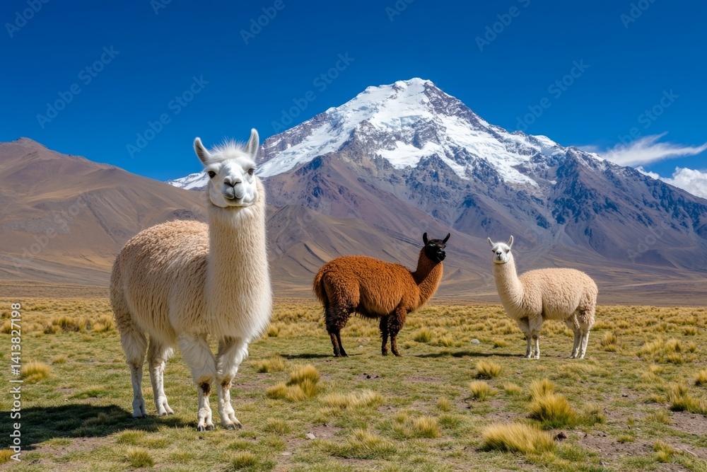 Fototapeta premium A group of llamas grazing in the high-altitude plains of Bolivia, with snow-capped peaks in the background