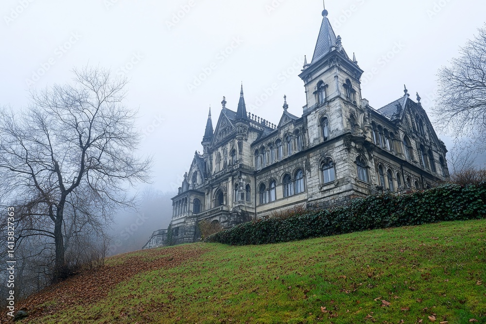 Obraz premium A haunted ruined castle in Transylvania, partially covered in creeping ivy and shrouded in fog