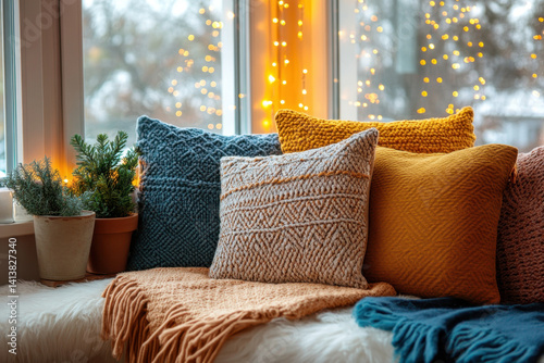 Window seat adorned with pillows and a lush plant, creating a cozy reading nook. photo
