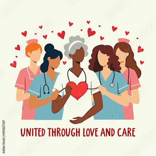 Nurses United in Love and Care: A Vector Illustration Celebrating International Nurses Day with Diverse Nurses Holding Hearts. Perfect for Healthcare, Appreciation, and Unity. Ideal visual for May and