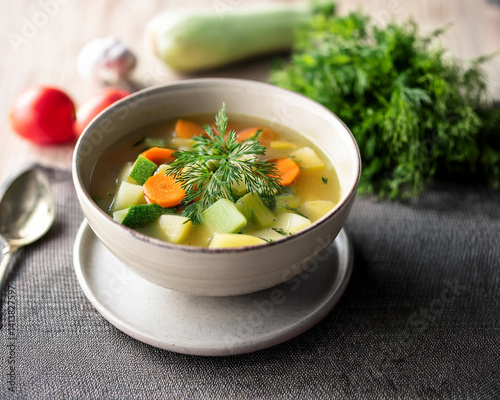 Light vegetable soup with fresh herbs photo