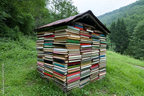 A hidden wizardâ€™s log cabin, with a roof covered in ancient spellbooks and glowing potions inside