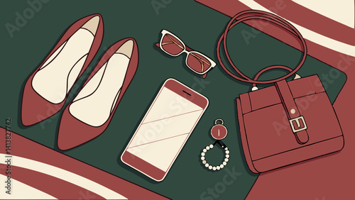 Vector set of women fashion  accessories in business style, gadgets, shoes, jewelry, car key, bag, sunglasses an other luxury attributes of a business in dark red -green  background.