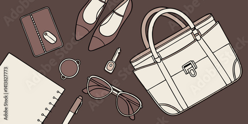 Vector set of women fashion  accessories in business style, gadgets, shoes, jewelry, car key, bag, sunglasses an other luxury attributes of a business in dark brown  background.