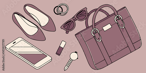 Vector set of women fashion  accessories in business style, gadgets, shoes, jewelry, car key, bag, sunglasses an other luxury attributes of a business in dark pink background.