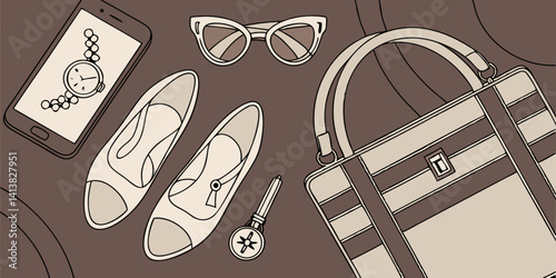 Vector set of women fashion  accessories in business style, gadgets, shoes, jewelry, car key, bag, sunglasses an other luxury attributes of a business in dark brown background.