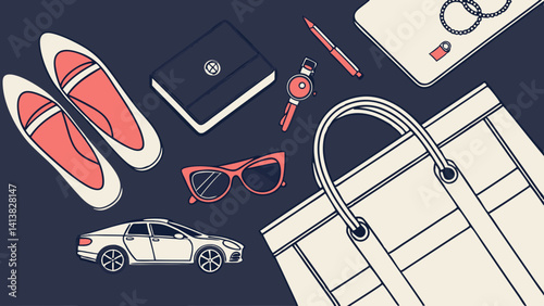 Vector set of women fashion  accessories in business style, gadgets, shoes, jewelry, car key, bag, sunglasses an other luxury attributes of a business in dark navy blue  background.