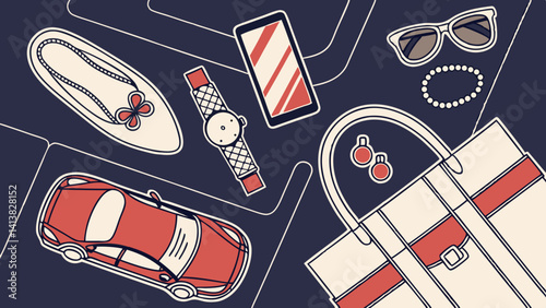 Vector set of women fashion  accessories in business style, gadgets, shoes, jewelry, car key, bag, sunglasses an other luxury attributes of a business in dark navy blue  background.