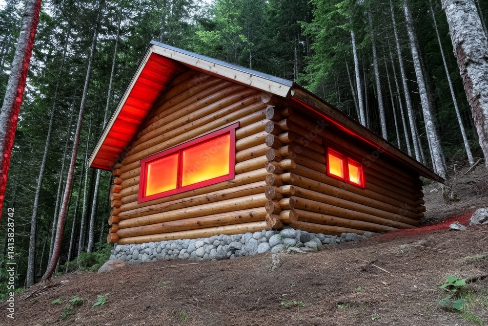 A log cabin deep in the woods, its windows glowing red as an unknown presence lurks inside A log cabin deep in the woods, its windows glowing red as an unknown presence lurks inside