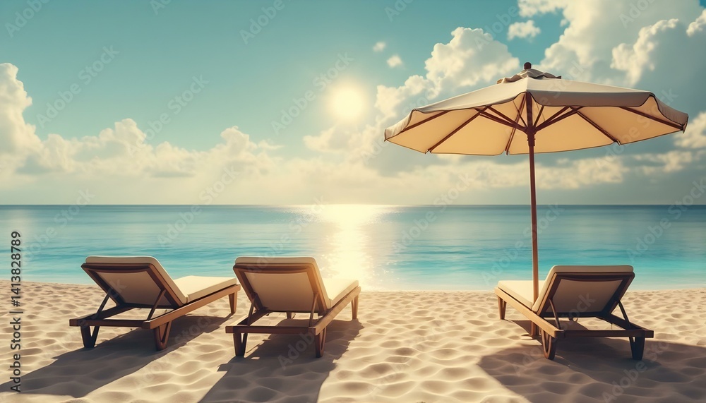 Beach chairs and umbrellas set against palm trees on a sunny beach, capturing the essence of a lazy summer day Beach chairs and umbrellas set against palm trees on a sunny beach, capturing the essence of a lazy summer day