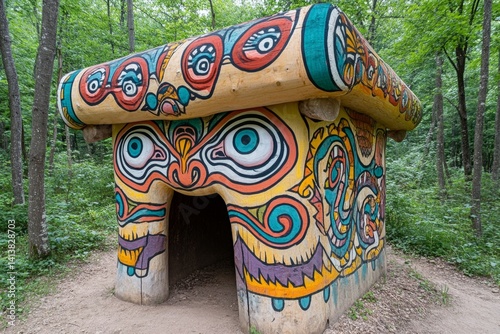 A log cabin built by ancient druids, covered in glowing runes and surrounded by talking forest animals