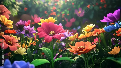 Vibrant garden filled with colorful flowers in full bloom, showcasing nature's beauty and tranquility
