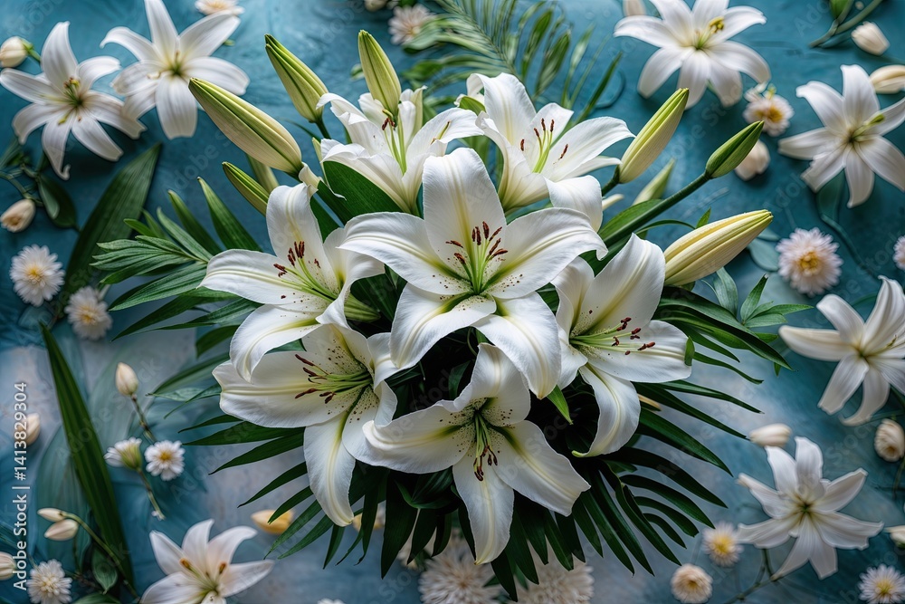 Fototapeta premium Stunning Aerial Perspective of White Lily Bouquet on Tranquil Floral Backdrop