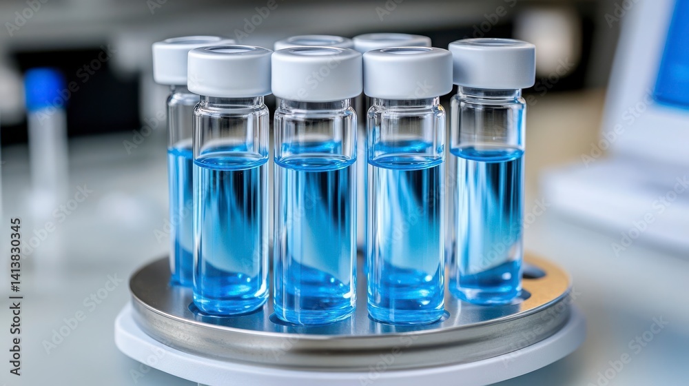 Laboratory Vials with Blue Solutions on a Round Tray in Research Setting Laboratory Vials with Blue Solutions on a Round Tray in Research Setting