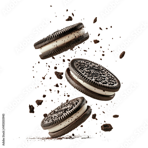 flying Oreo cookies with crumbs isolated on transparent white background, clipping path