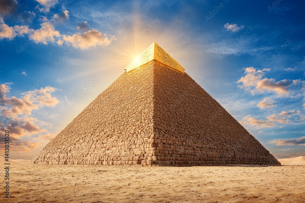 A mystical Egyptian pyramid with a golden capstone, glowing under a celestial event A mystical Egyptian pyramid with a golden capstone, glowing under a celestial event