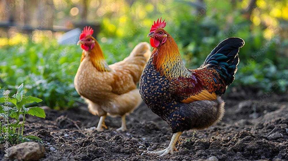 Fototapeta premium Chicken and Rooster Walking Freely on Dirt Ground in Sunny Garden