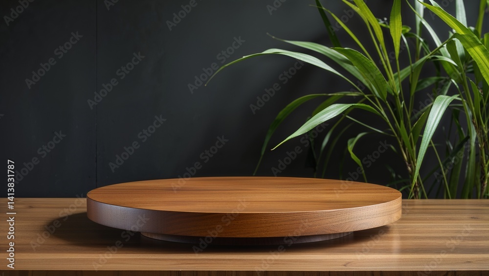 a minimalist and modern style with a focus on natural elements. The layout is simple, showcasing a round wooden platform with a smooth, polished surface and visible wood grain patterns. a minimalist and modern style with a focus on natural elements. The layout is simple, showcasing a round wooden platform with a smooth, polished surface and visible wood grain patterns.