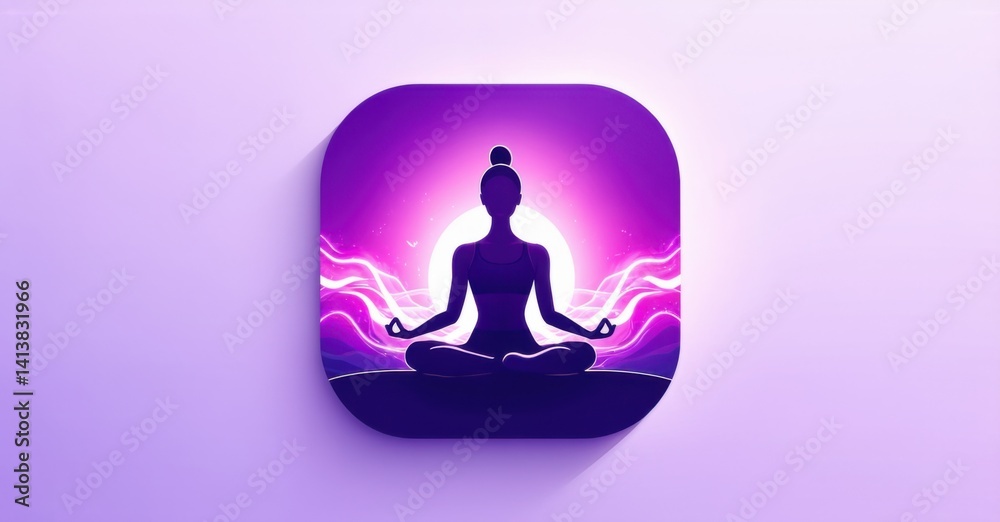 Vibrant purple and pink yoga app icon with meditative pose and glowing energy waves flat glossy style round square shape modern app icon featuring clean minimalistic concept Vibrant purple and pink yoga app icon with meditative pose and glowing energy waves flat glossy style round square shape modern app icon featuring clean minimalistic concept