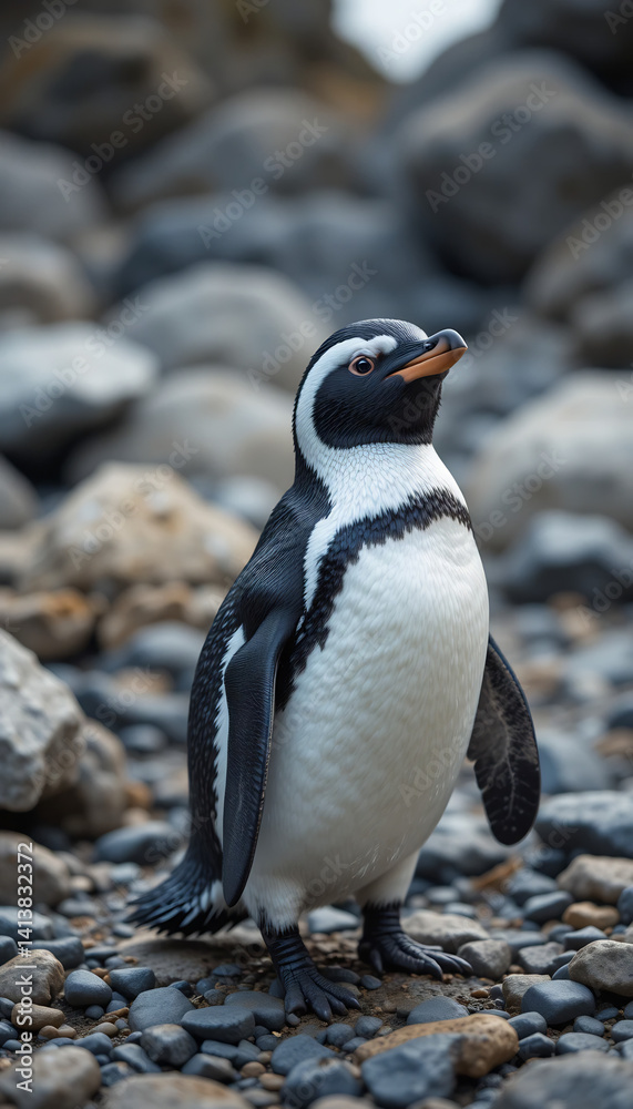 Naklejka premium Elegant Penguin Stands Amidst Grey Rocks Soft Light. AI Generated