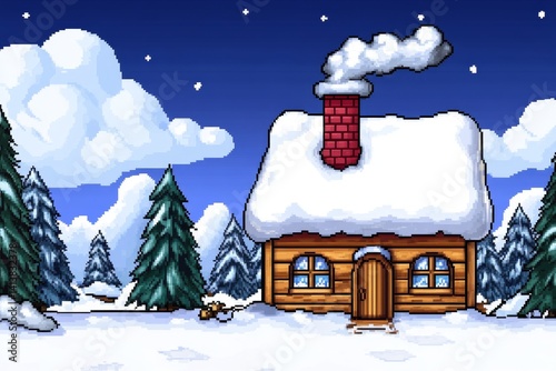 A pixel-art winter hut covered in snow, with a tiny chimney puffing animated smoke