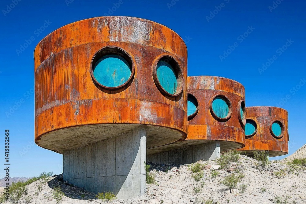 A post-apocalyptic desert fortress built from scavenged metal and reinforced concrete