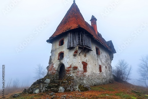 A ruined fortress deep in the Transylvanian mountains, covered in fog and surrounded by endless wolves