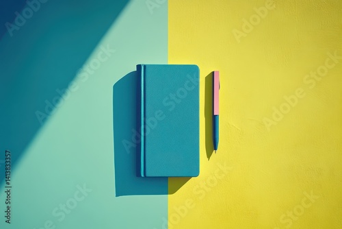Teal notebook and pink pen on two-tone background