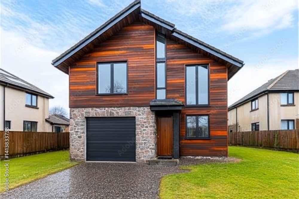 A semi-detached house built with eco-friendly materials, featuring solar panels, rainwater collection, and a green roof