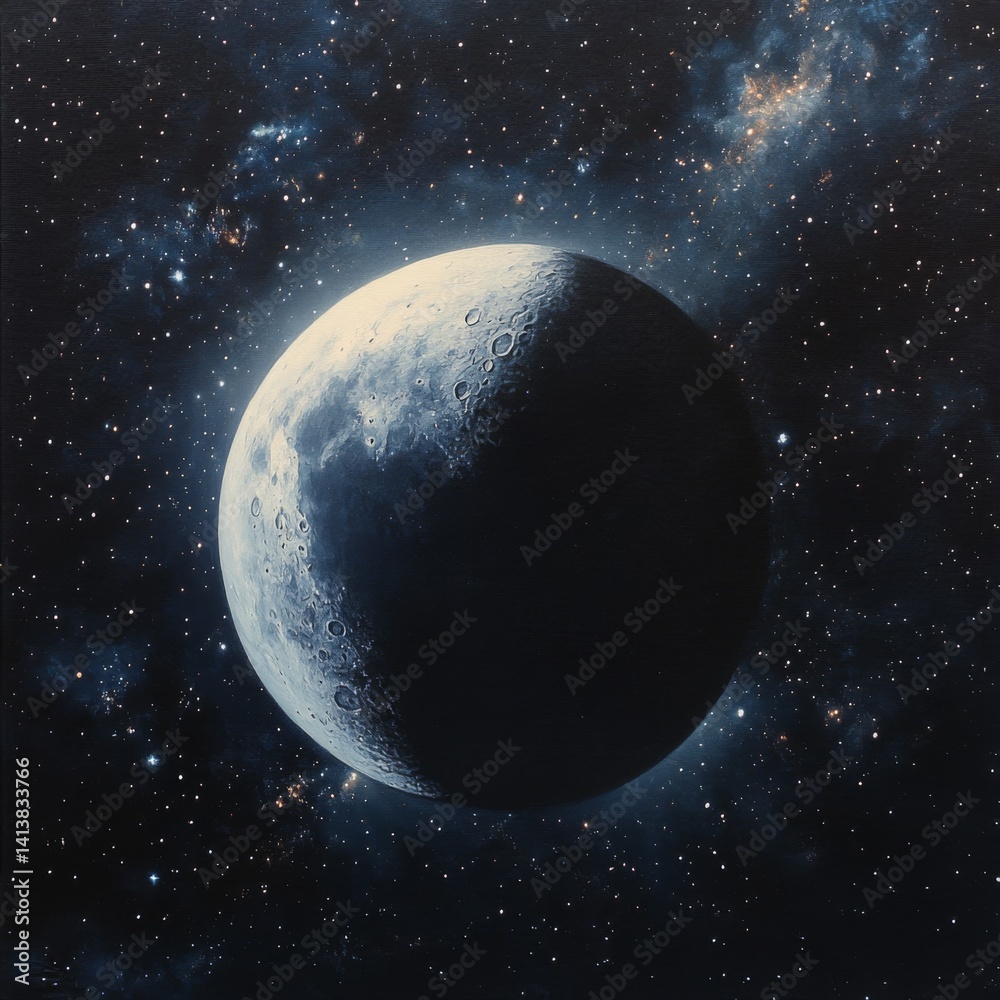 Obraz premium Imaginative cosmic scene featuring a new moon against a vast backdrop of distant galaxies.