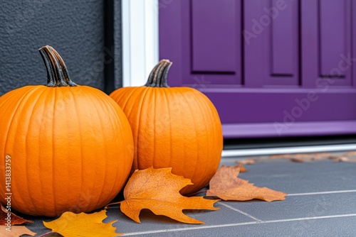 Obraz na płótnie A semi-detached house covered in beautiful autumn leaves, with pumpkins and seasonal decorations on the porch w salonie