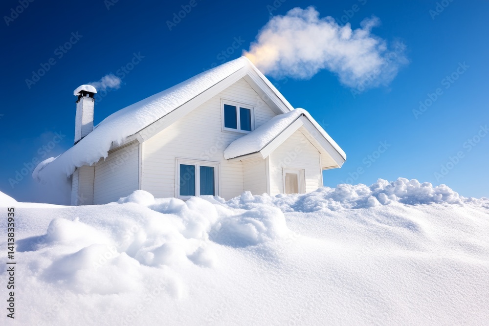 A semi-detached house under a blanket of snow, with smoke rising from the chimney and soft golden lights inside