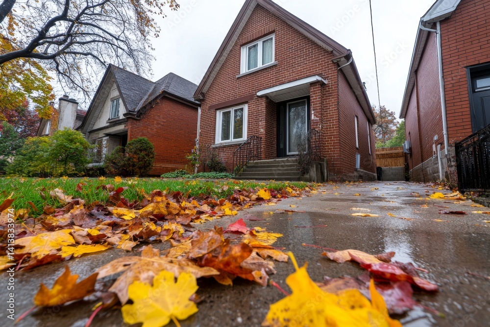 A semi-detached house on a quiet tree-lined street, with autumn leaves covering the sidewalk