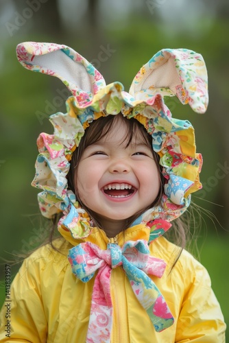 A child laughs as they wear a bonnet with bunny ears for Easter. The bonnet is colorful, with a cute bow and bunny tail at the back. The mood is playful and carefree