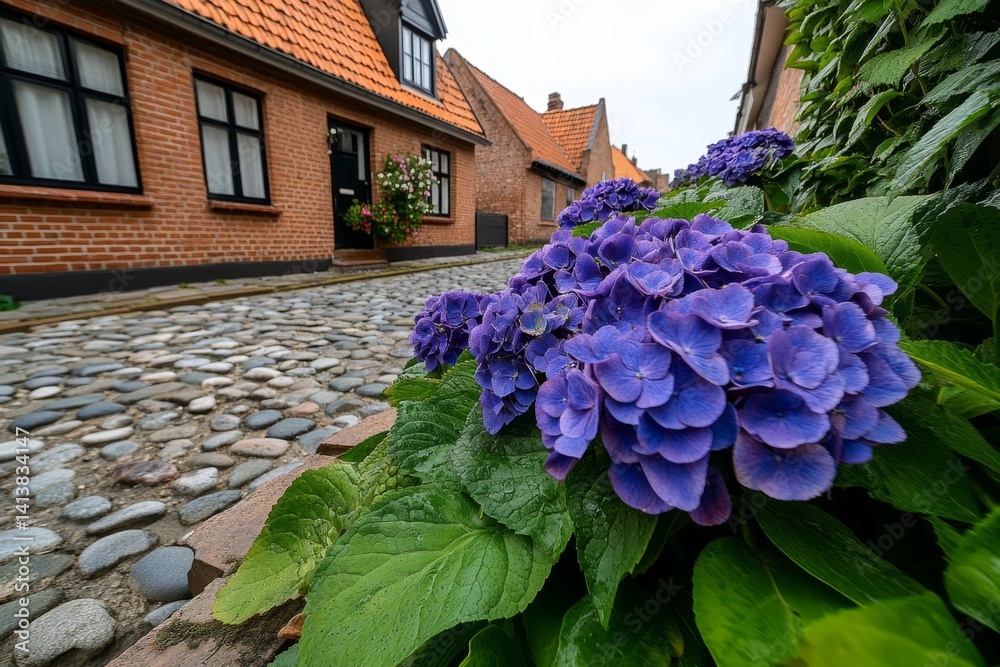 A semi-detached house with a charming cobblestone pathway leading to the entrance, surrounded by blooming flowers