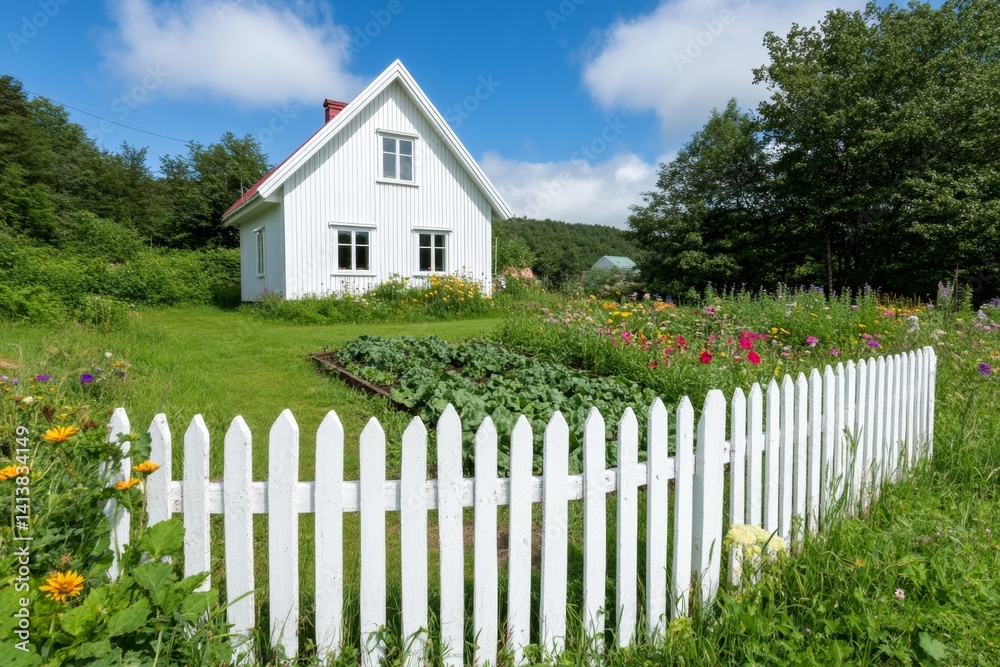A semi-detached house with a charming white picket fence and a small vegetable garden in the front yard