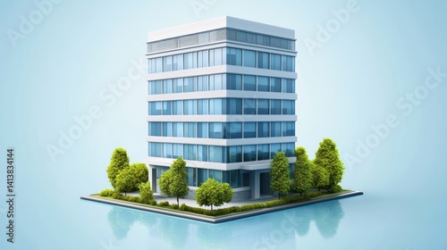 Modern office building model, city park, blue backdrop, architectural rendering, real estate