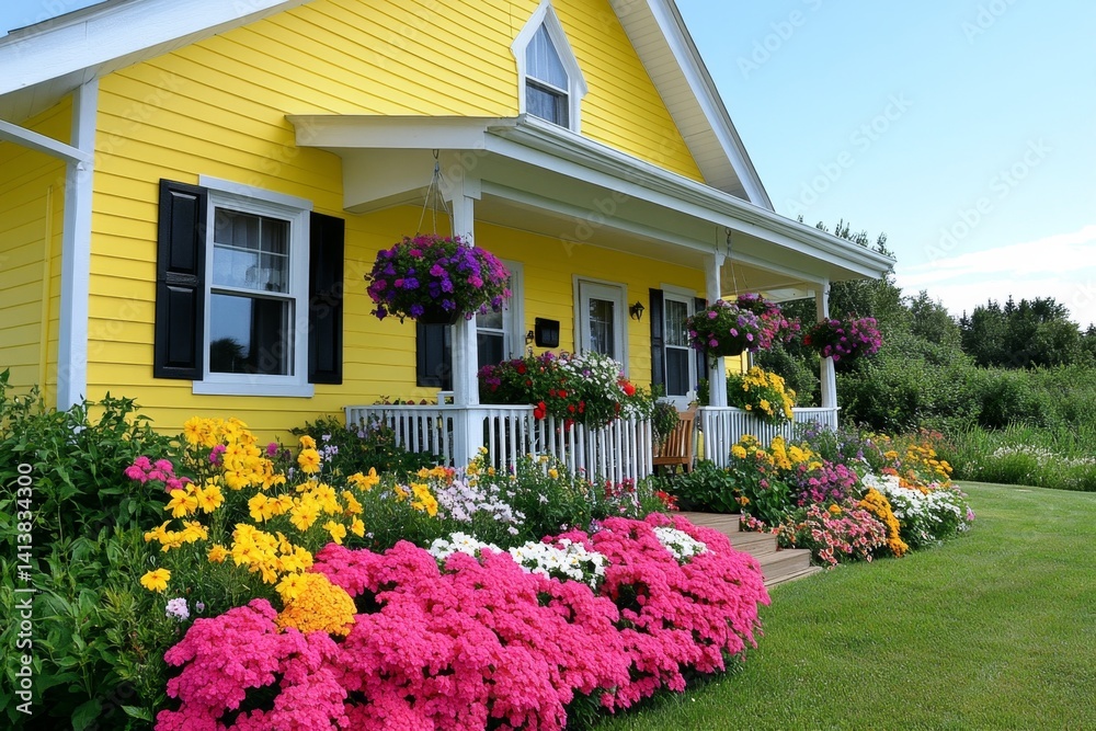 A semi-detached house with a cozy front porch, decorated with hanging flower baskets and a wooden bench
