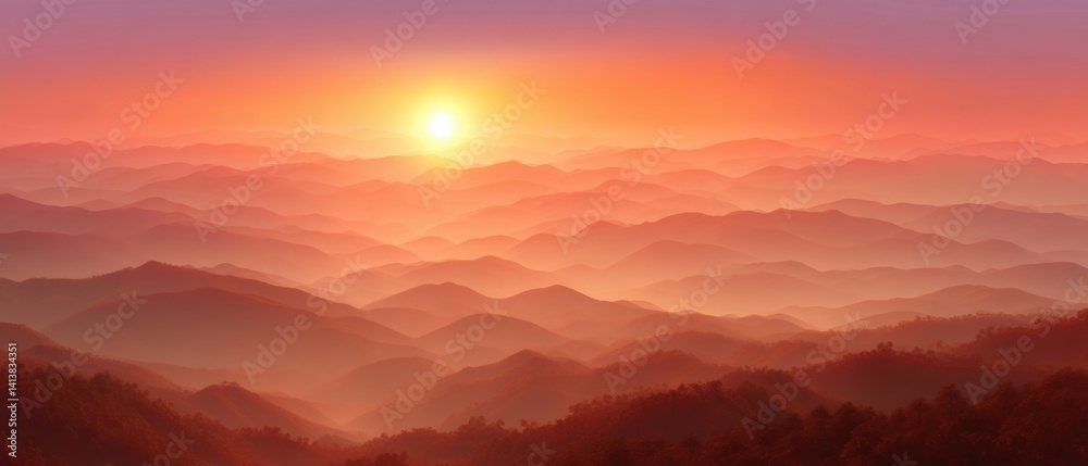 Fototapeta premium A stunning sunrise over vast, layered mountains, casting a warm glow across the horizon, creating a serene and tranquil atmosphere.