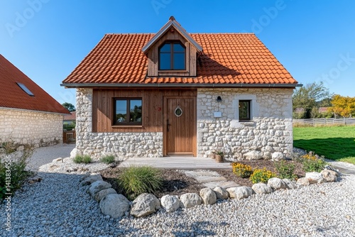 Obraz na płótnie A semi-detached house with a rustic wooden exterior, located in a countryside setting w salonie