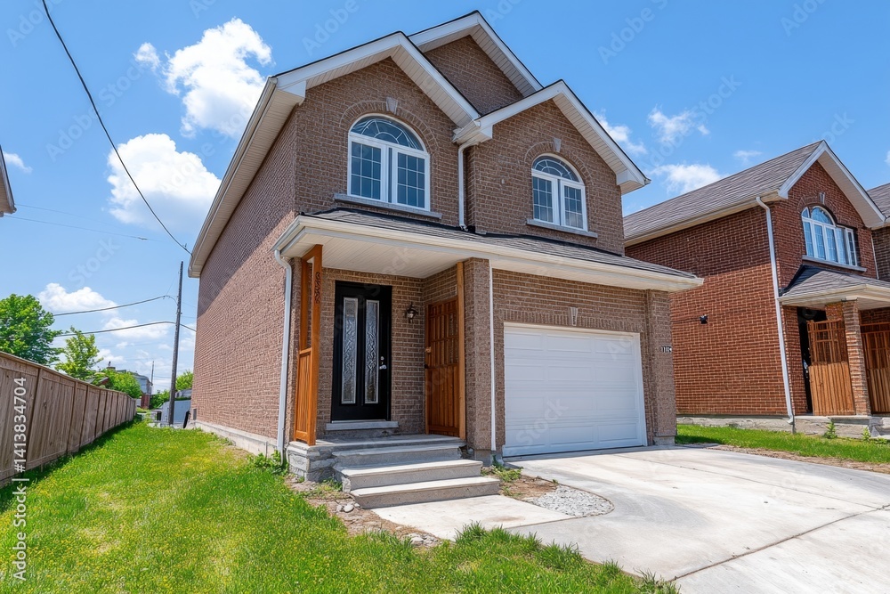 A semi-detached house with an attached garage, two stylish front entrances, and a shared lush green lawn