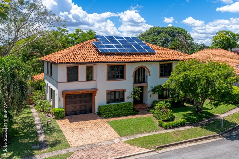 A semi-detached house with solar panels on the roof, surrounded by lush greenery and sustainable features