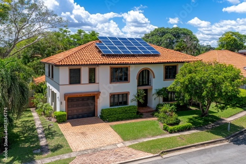 A semi-detached house with solar panels on the roof, surrounded by lush greenery and sustainable features
