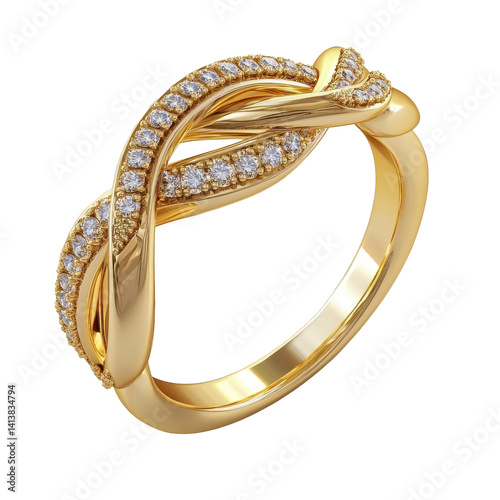 This exquisite golden ring features a unique twisted design embellished with sparkling diamond accents, Golden Ring Twist  with Diamond Accents, white background